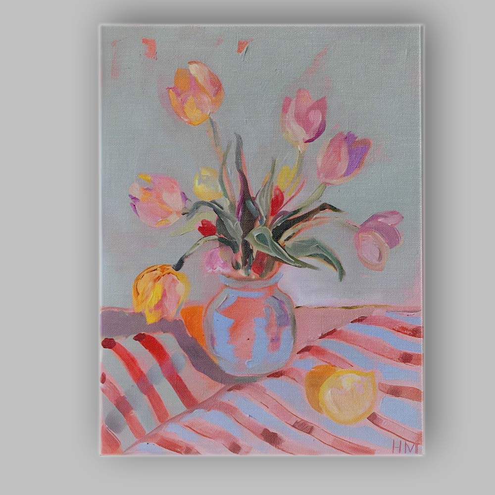 Pastel Pink Tulip Bouquet Blue Ceramic Vase Impressionist Floral Painting Canvas Wall Art Print Decor Picture Ready to Hang
