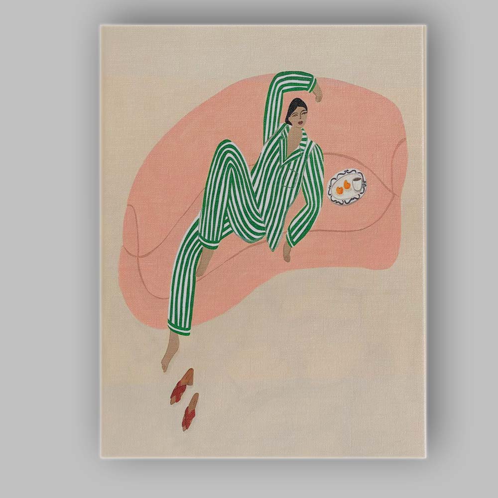 Modern Woman Relaxing on Pink Sofa Green Striped Pyjamas Illustration Canvas Wall Art Print Decor Picture Ready to Hang
