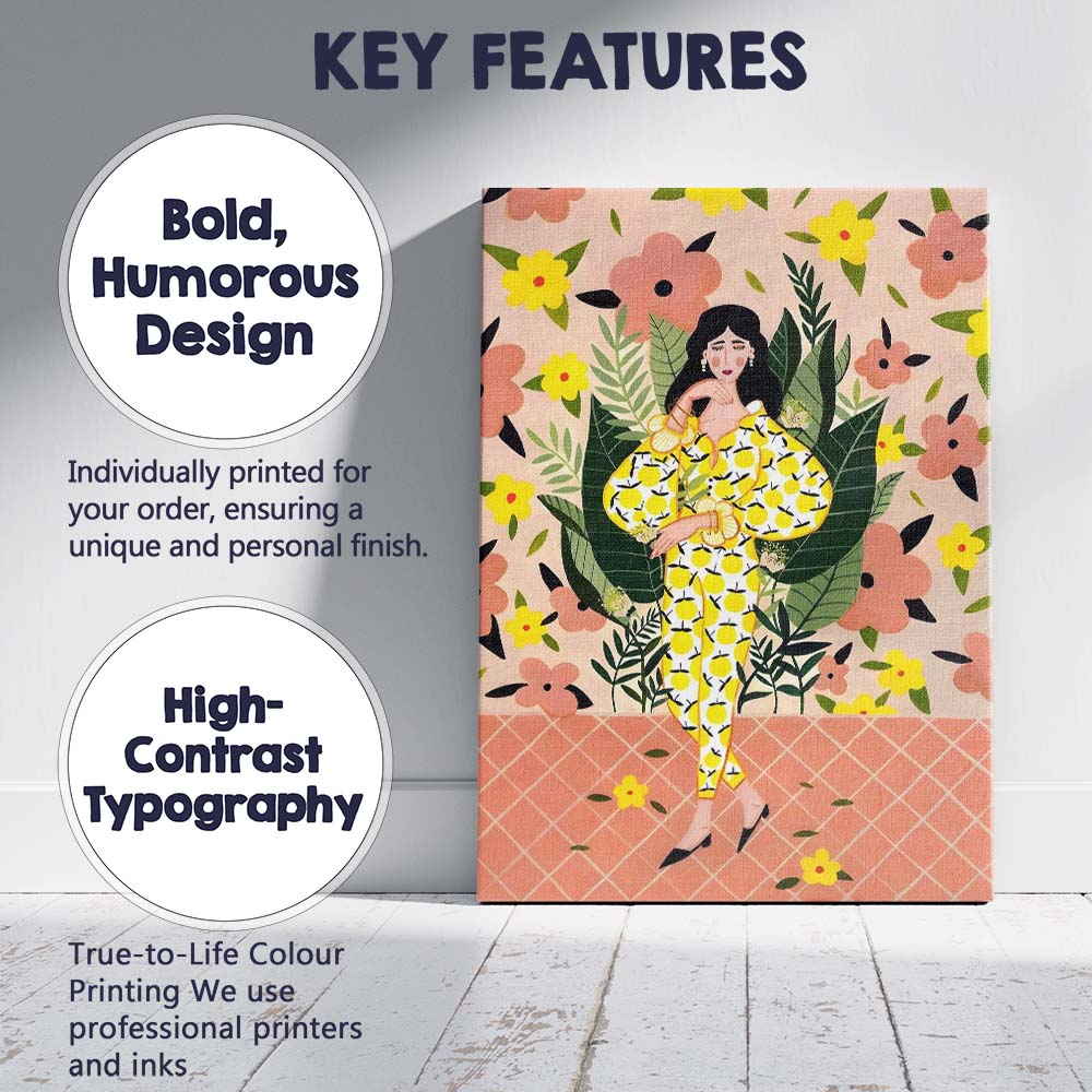 Stylish Woman in Lemon Print Floral Fashion Illustration Canvas Wall Art Print Decor Picture Ready to Hang