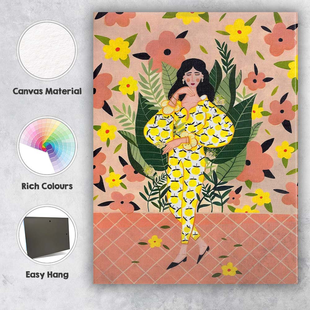 Stylish Woman in Lemon Print Floral Fashion Illustration Canvas Wall Art Print Decor Picture Ready to Hang