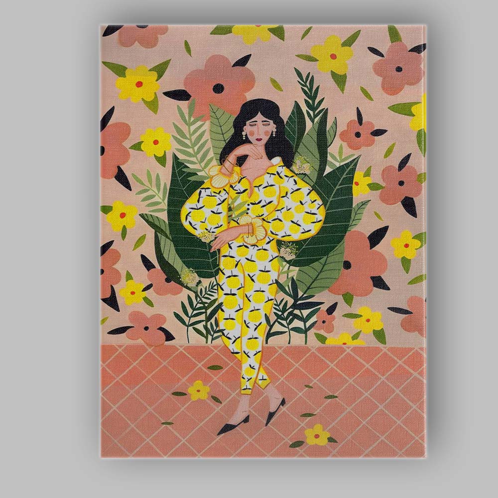 Stylish Woman in Lemon Print Floral Fashion Illustration Canvas Wall Art Print Decor Picture Ready to Hang