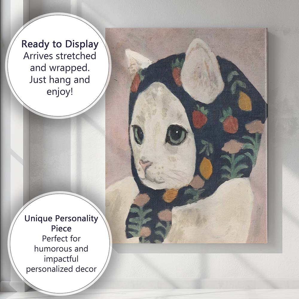 Whimsical White Cat in Floral Hood Portrait Canvas Wall Art Print Decor Picture Ready to Hang