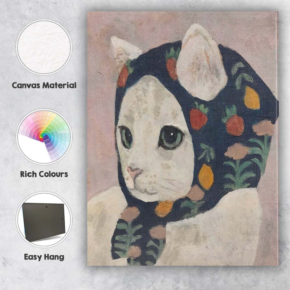Whimsical White Cat in Floral Hood Portrait Canvas Wall Art Print Decor Picture Ready to Hang