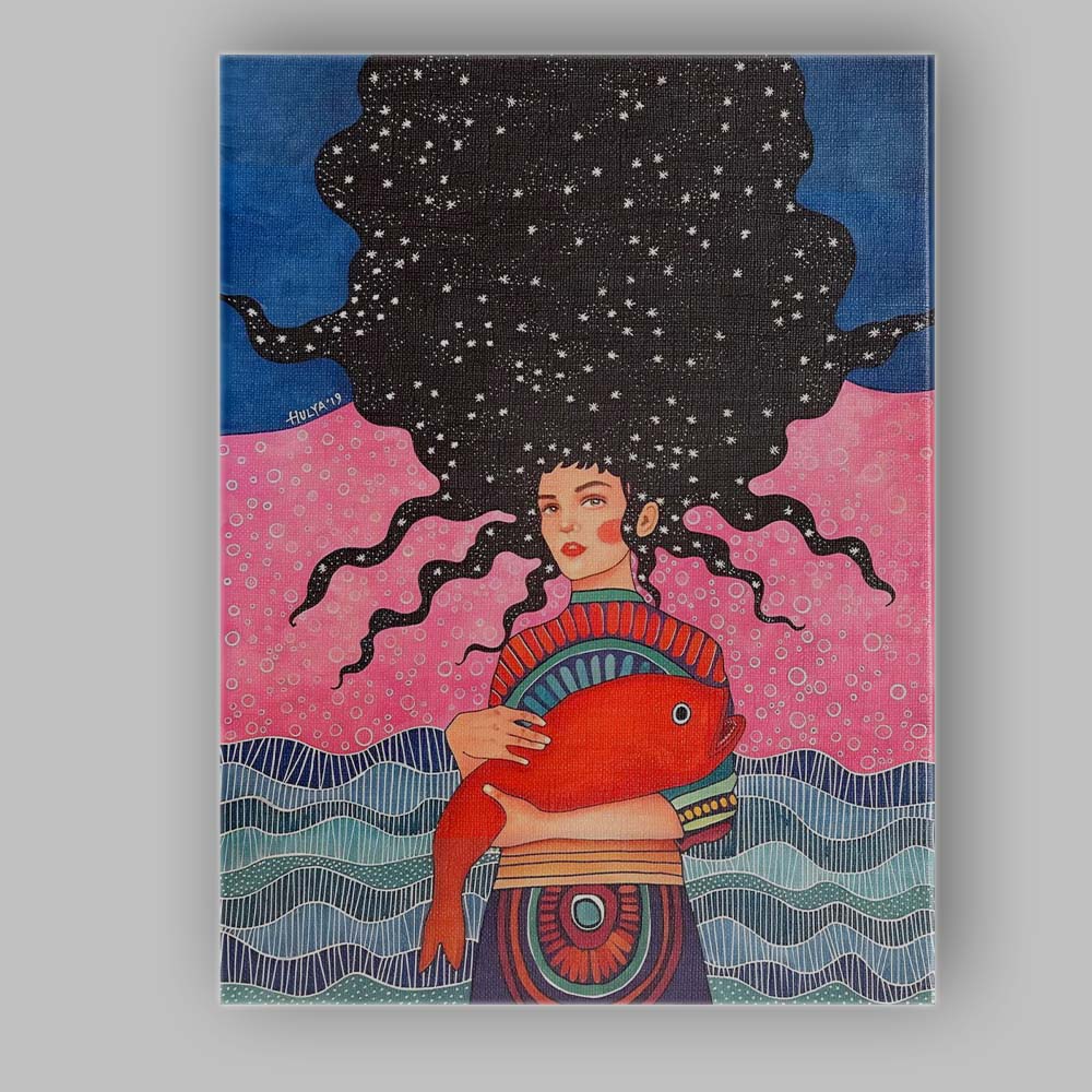 Colourful Surreal Woman Holding Red Fish Ocean Fantasy Canvas Wall Art Print Decor Picture Ready to Hang