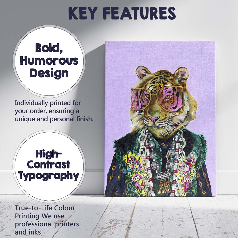 Fashionable Tiger Portrait with Sunglasses Eclectic Animal Canvas Wall Art Print Decor Picture Ready to Hang