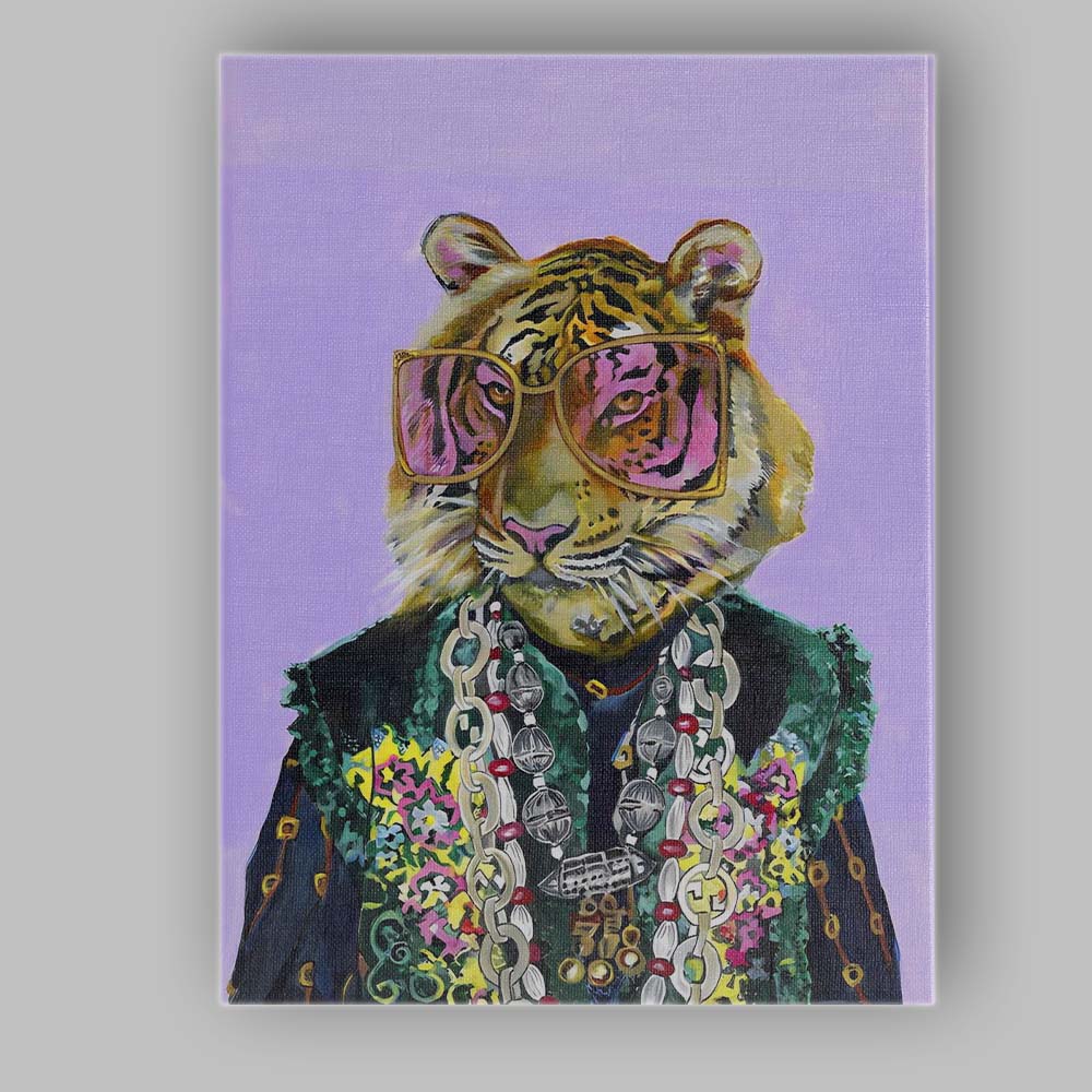 Fashionable Tiger Portrait with Sunglasses Eclectic Animal Canvas Wall Art Print Decor Picture Ready to Hang