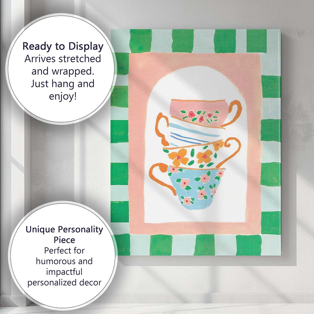 Pastel Floral Teacup Stack Kitchen Still Life Canvas Wall Art Print Decor Picture Ready to Hang