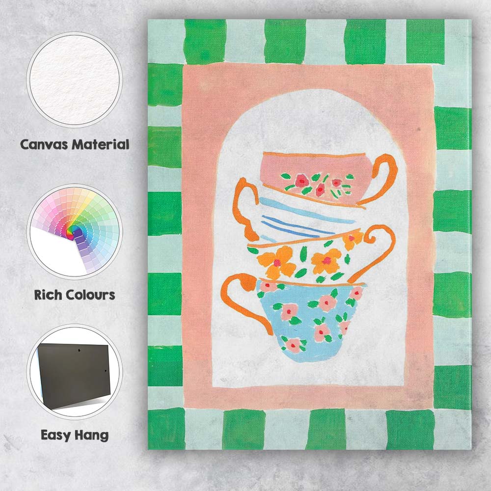Pastel Floral Teacup Stack Kitchen Still Life Canvas Wall Art Print Decor Picture Ready to Hang