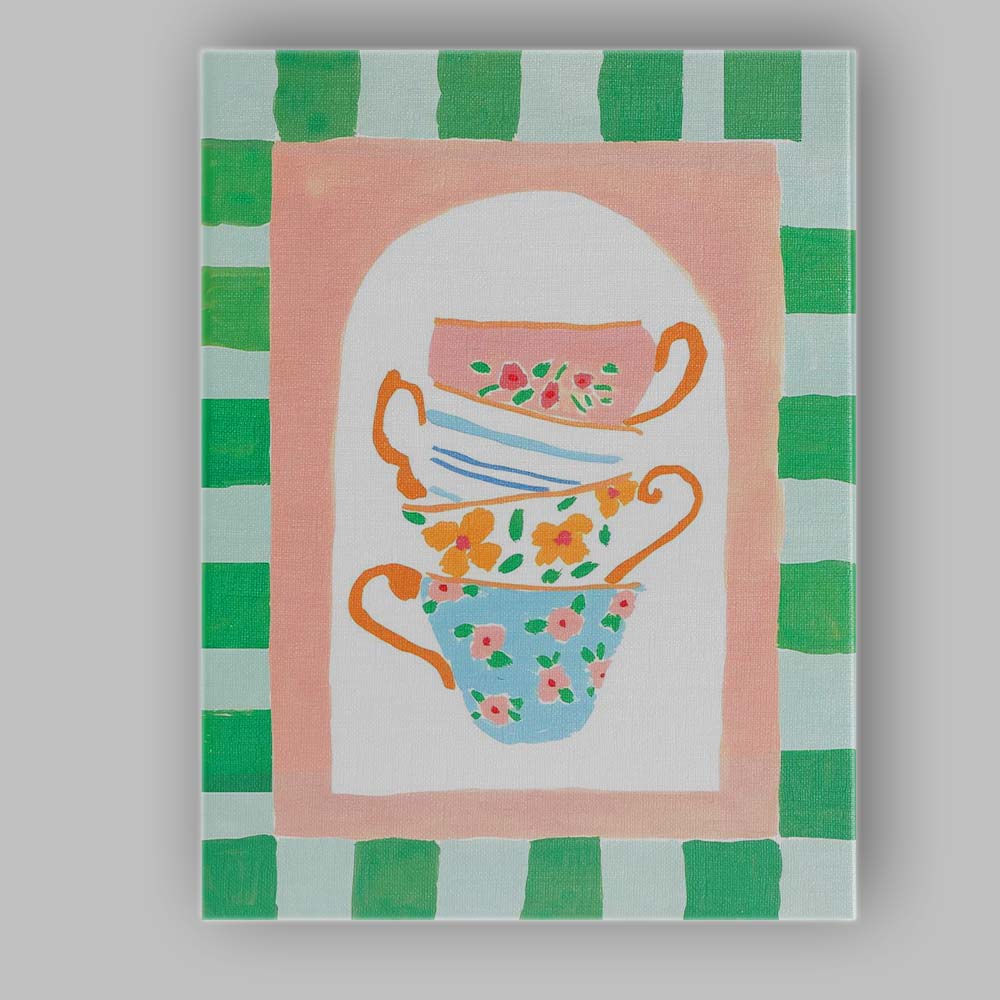 Pastel Floral Teacup Stack Kitchen Still Life Canvas Wall Art Print Decor Picture Ready to Hang