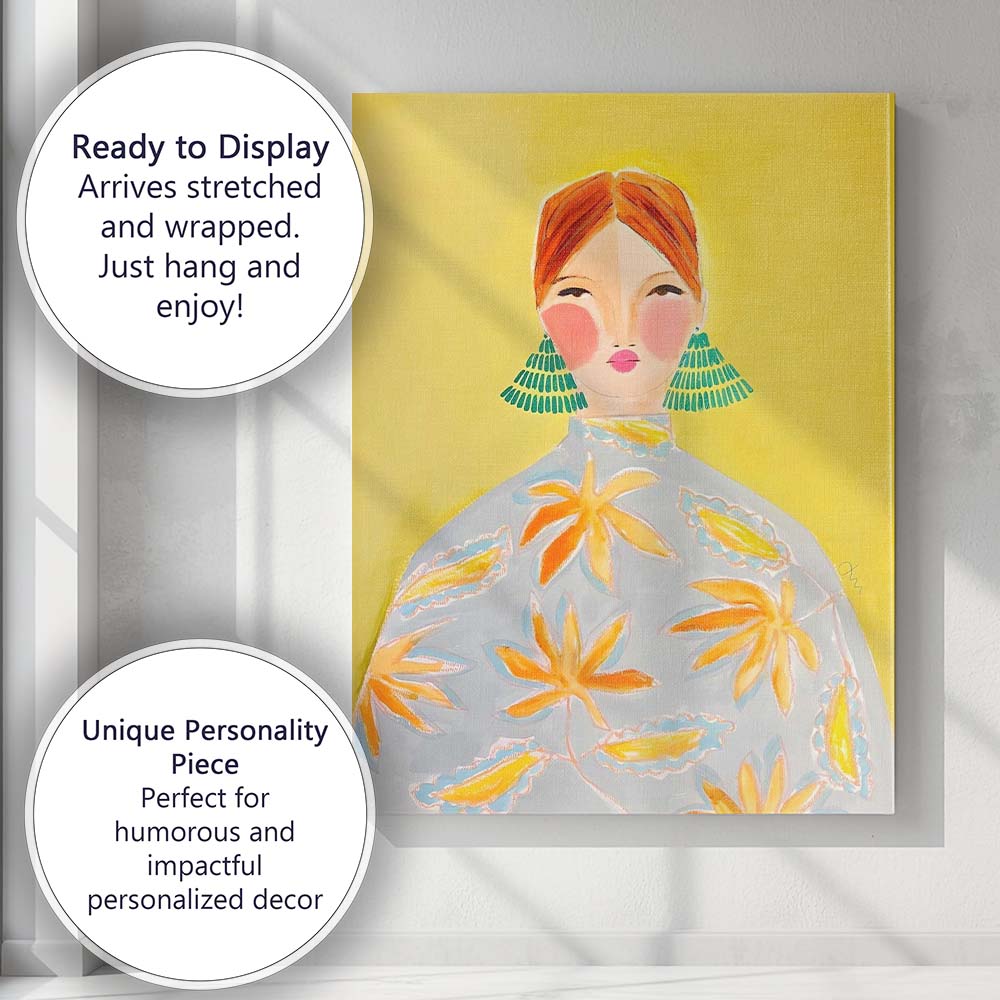 Abstract Red Haired Woman Portrait with Floral Dress Canvas Wall Art Print Decor Picture Ready to Hang