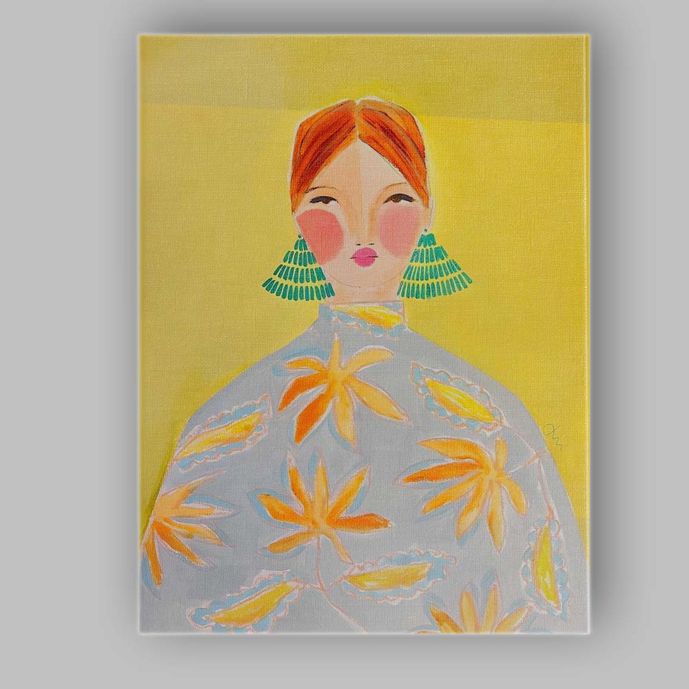 Abstract Red Haired Woman Portrait with Floral Dress Canvas Wall Art Print Decor Picture Ready to Hang