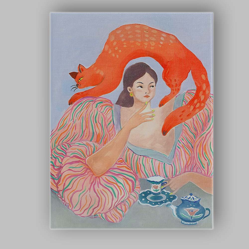 Surreal Woman with Red Cat Tea Time Illustration Canvas Wall Art Print Decor Picture Ready to Hang