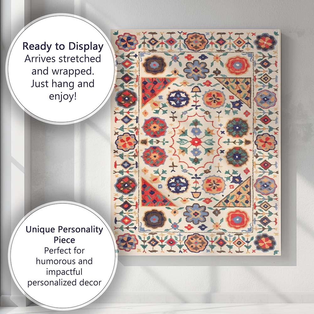 Bohemian Folk Art Floral Medallion Decorative Rug Pattern Canvas Wall Art Print Decor Picture Ready to Hang
