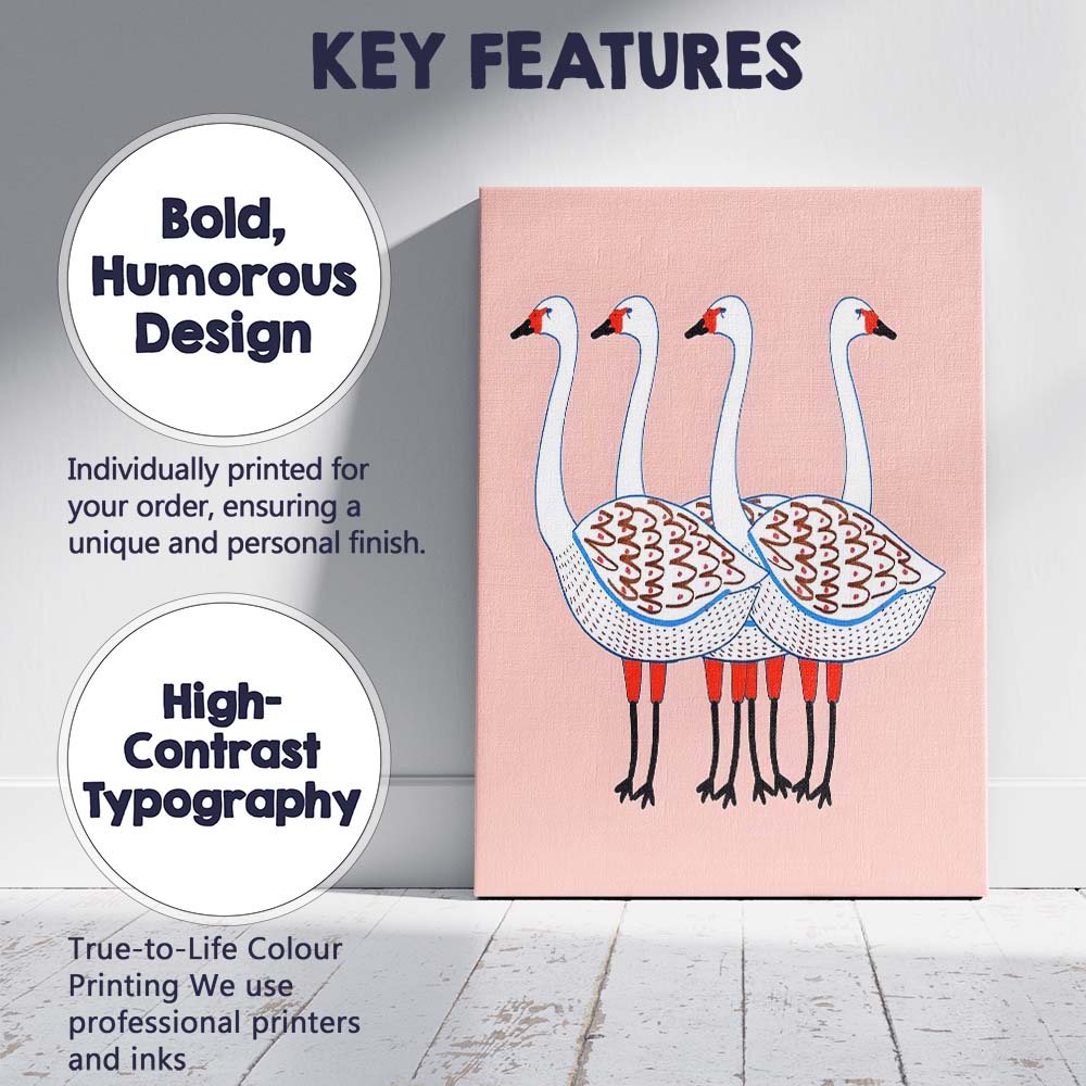 Scandinavian Folk Art White Swan Bird Group Illustration Canvas Wall Art Print Decor Picture Ready to Hang