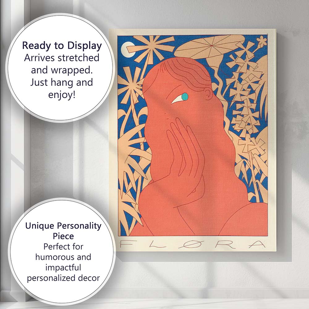Modern Coral Female Portrait Botanical Line Art Canvas Wall Art Print Decor Picture Ready to Hang