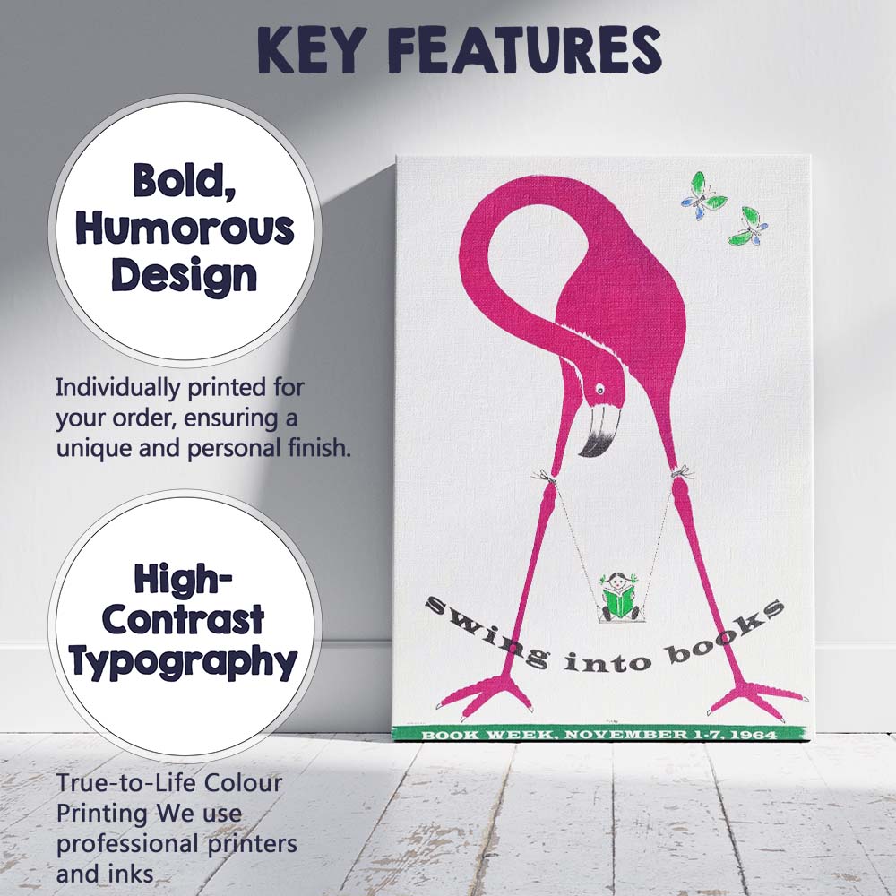 Retro Pink Flamingo Swing Into Books Reading Poster Canvas Wall Art Print Decor Picture Ready to Hang