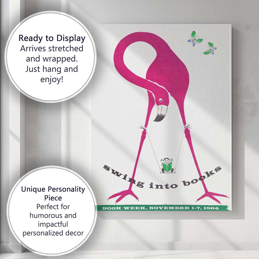 Retro Pink Flamingo Swing Into Books Reading Poster Canvas Wall Art Print Decor Picture Ready to Hang