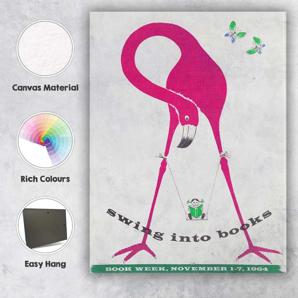 Retro Pink Flamingo Swing Into Books Reading Poster Canvas Wall Art Print Decor Picture Ready to Hang