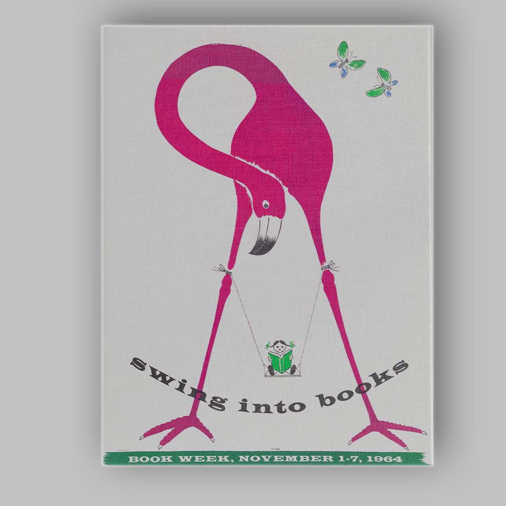 Retro Pink Flamingo Swing Into Books Reading Poster Canvas Wall Art Print Decor Picture Ready to Hang