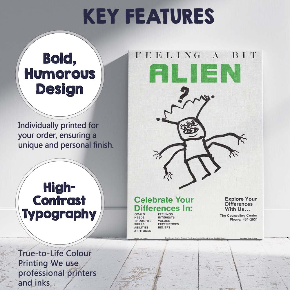 Retro Feeling A Bit Alien Humorous Character Typography Poster Canvas Wall Art Print Decor Picture Ready to Hang