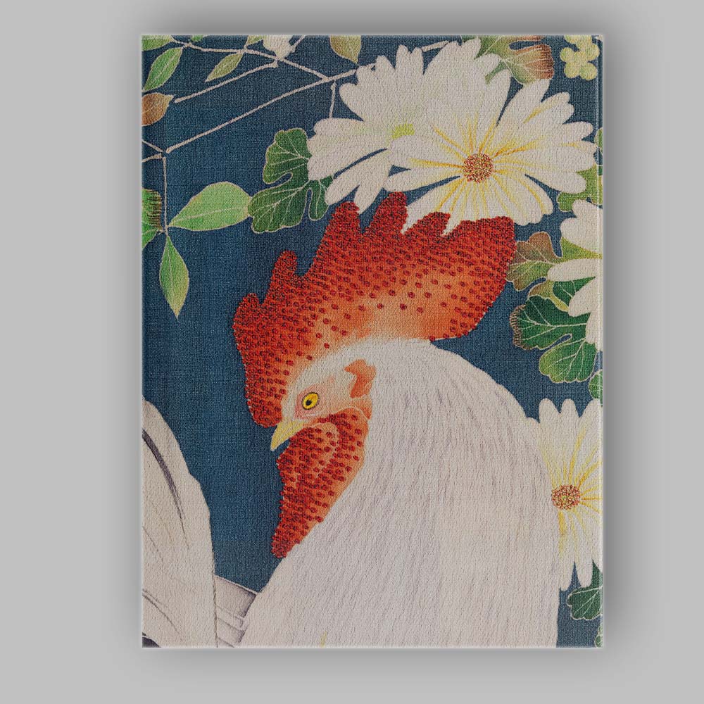 Japanese Rooster and White Daisy Textile Style Artwork Canvas Wall Art Print Decor Picture Ready to Hang
