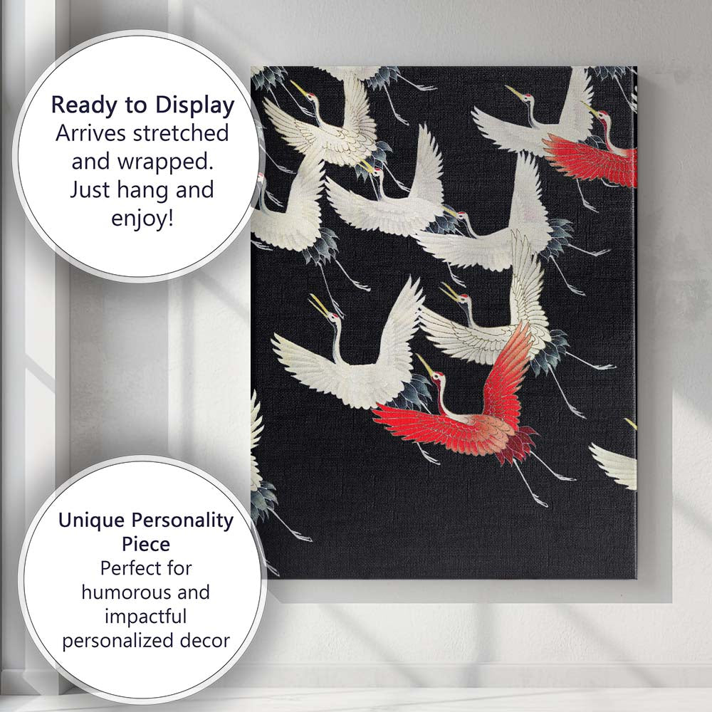 Elegant Flying Cranes Oriental Bird Pattern Dark Background Canvas Wall Art Print Decor Picture Ready to Hang