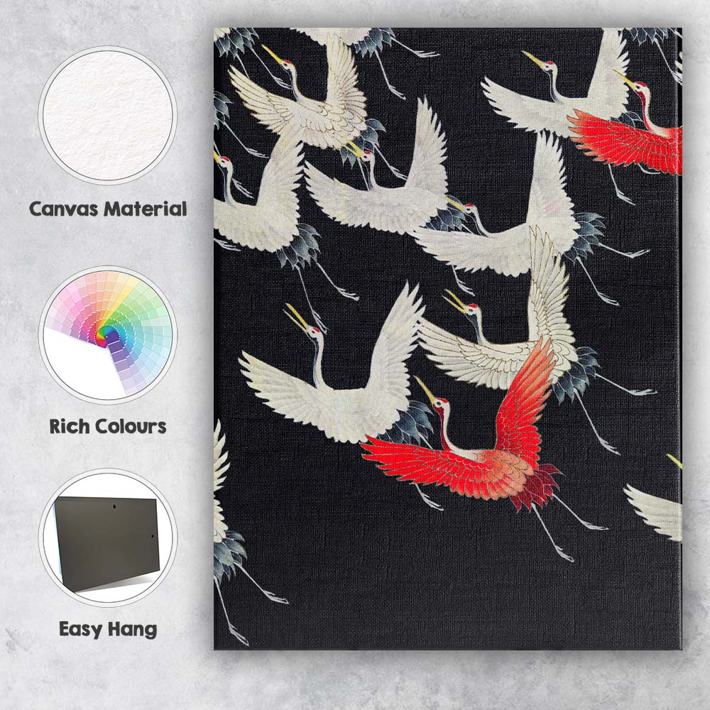 Elegant Flying Cranes Oriental Bird Pattern Dark Background Canvas Wall Art Print Decor Picture Ready to Hang