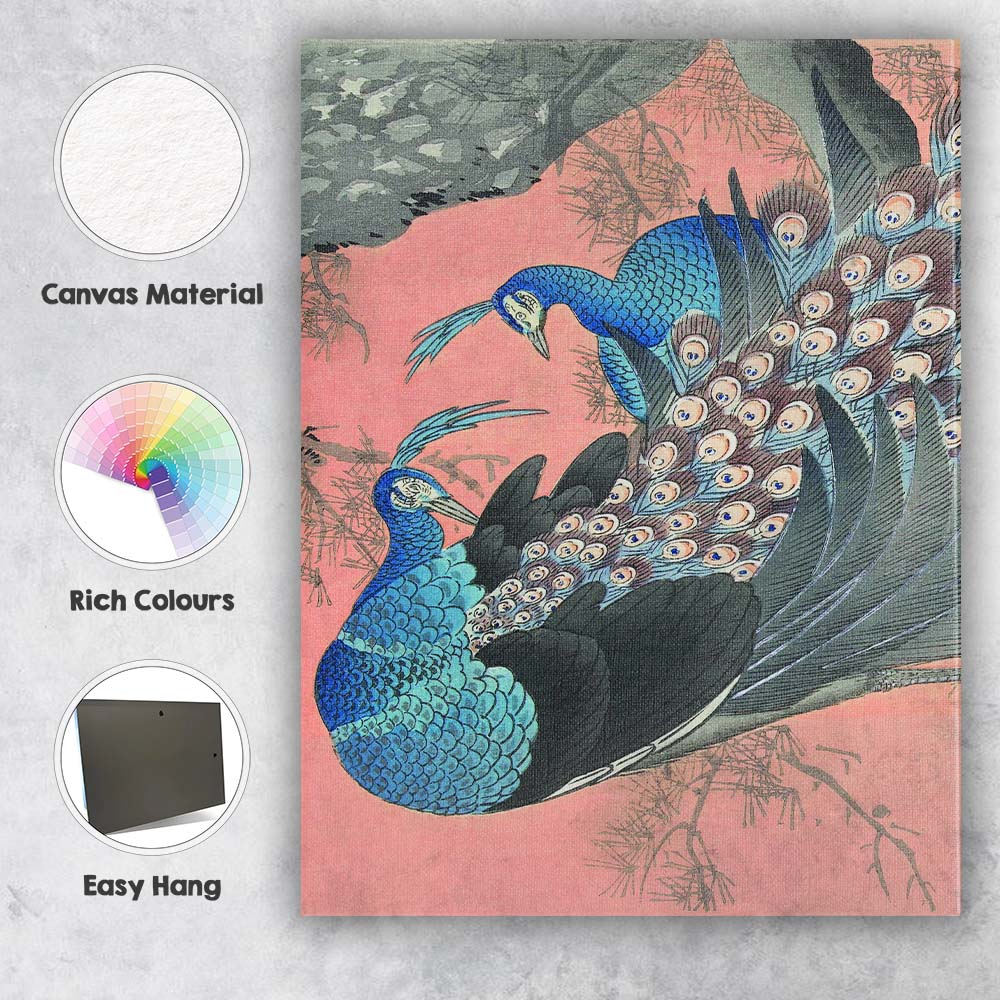 Japanese Style Blue Peacock Bird Decorative Illustration Canvas Wall Art Print Decor Picture Ready to Hang