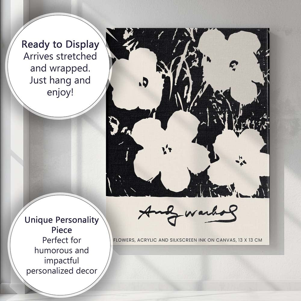 Monochrome Pop Art Floral Silkscreen Flowers Contemporary Botanical Canvas Wall Art Print Decor Picture Ready to Hang