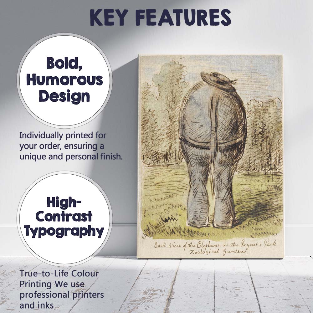 Humorous Elephant Rear View Zoo Animal Sketch Watercolour Canvas Wall Art Print Decor Picture Ready to Hang