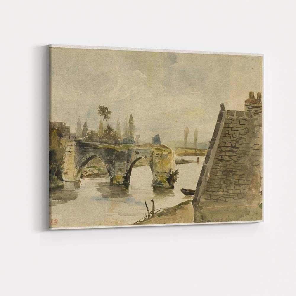 Historic Stone Bridge River Reflection Watercolour Landscape Canvas Wall Art Print Decor Picture Ready to Hang
