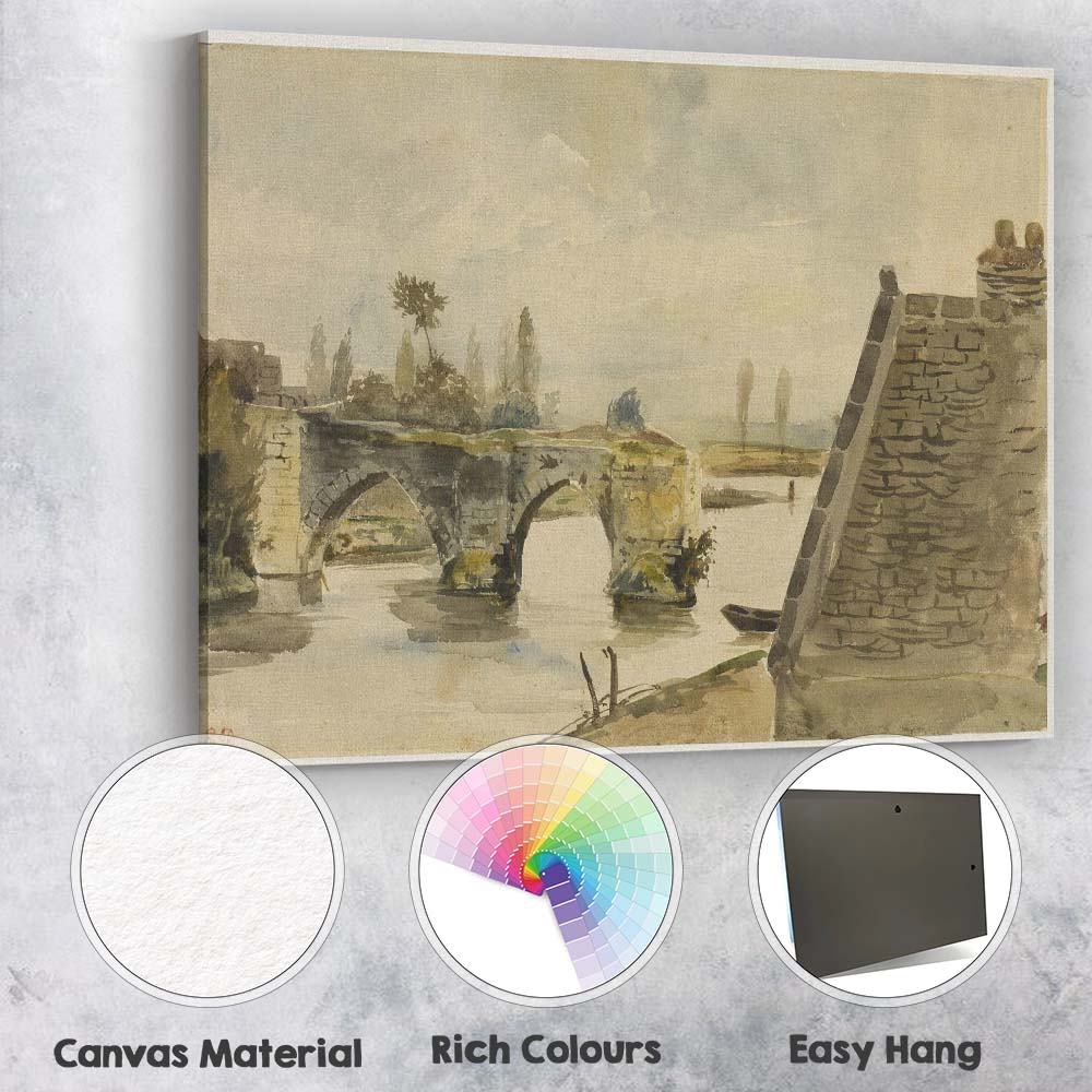Historic Stone Bridge River Reflection Watercolour Landscape Canvas Wall Art Print Decor Picture Ready to Hang