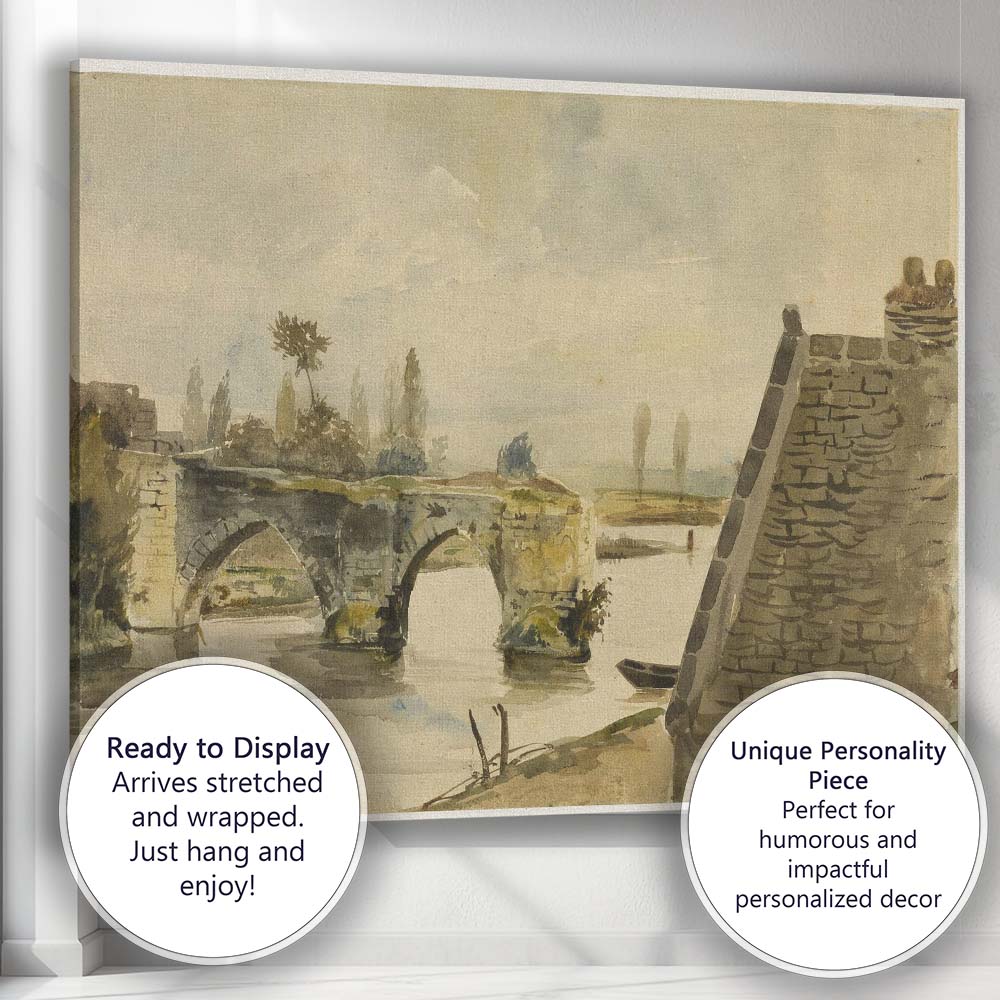 Historic Stone Bridge River Reflection Watercolour Landscape Canvas Wall Art Print Decor Picture Ready to Hang