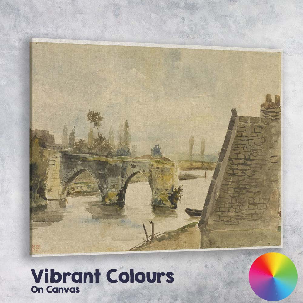 Historic Stone Bridge River Reflection Watercolour Landscape Canvas Wall Art Print Decor Picture Ready to Hang