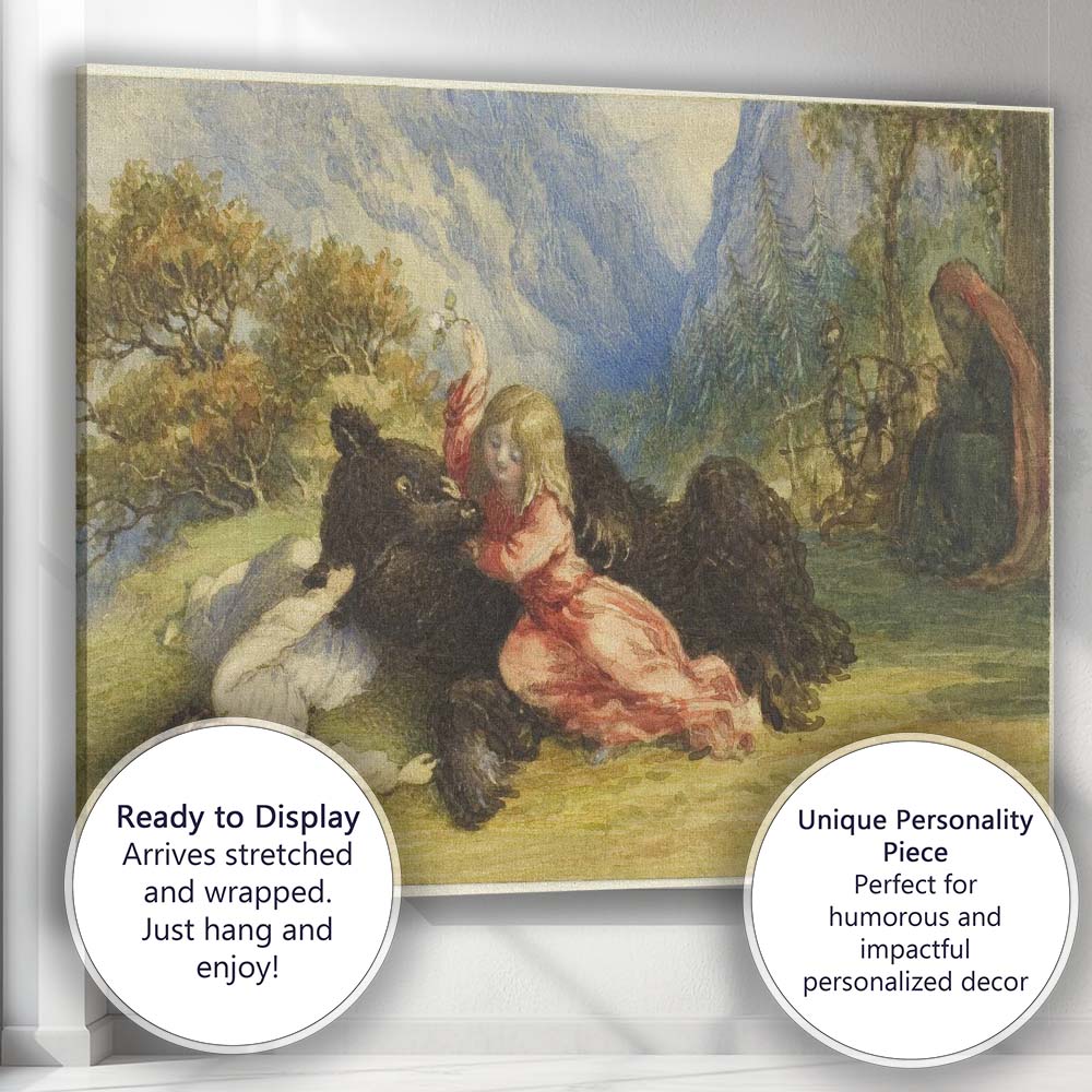 Fairytale Child and Bear Mountain Watercolour Fantasy Canvas Wall Art Print Decor Picture Ready to Hang