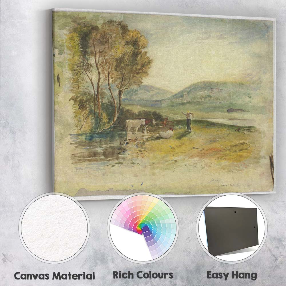 Pastoral Riverside Cattle and Figures Countryside Watercolour Canvas Wall Art Print Decor Picture Ready to Hang