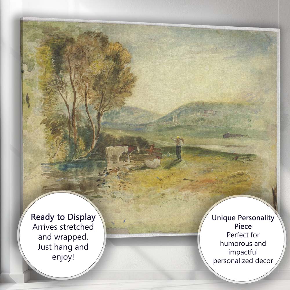Pastoral Riverside Cattle and Figures Countryside Watercolour Canvas Wall Art Print Decor Picture Ready to Hang