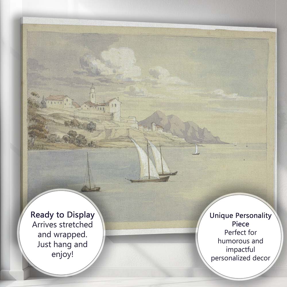 Seaside Village and Sailing Boats Watercolour Coastal Scene Canvas Wall Art Print Decor Picture Ready to Hang