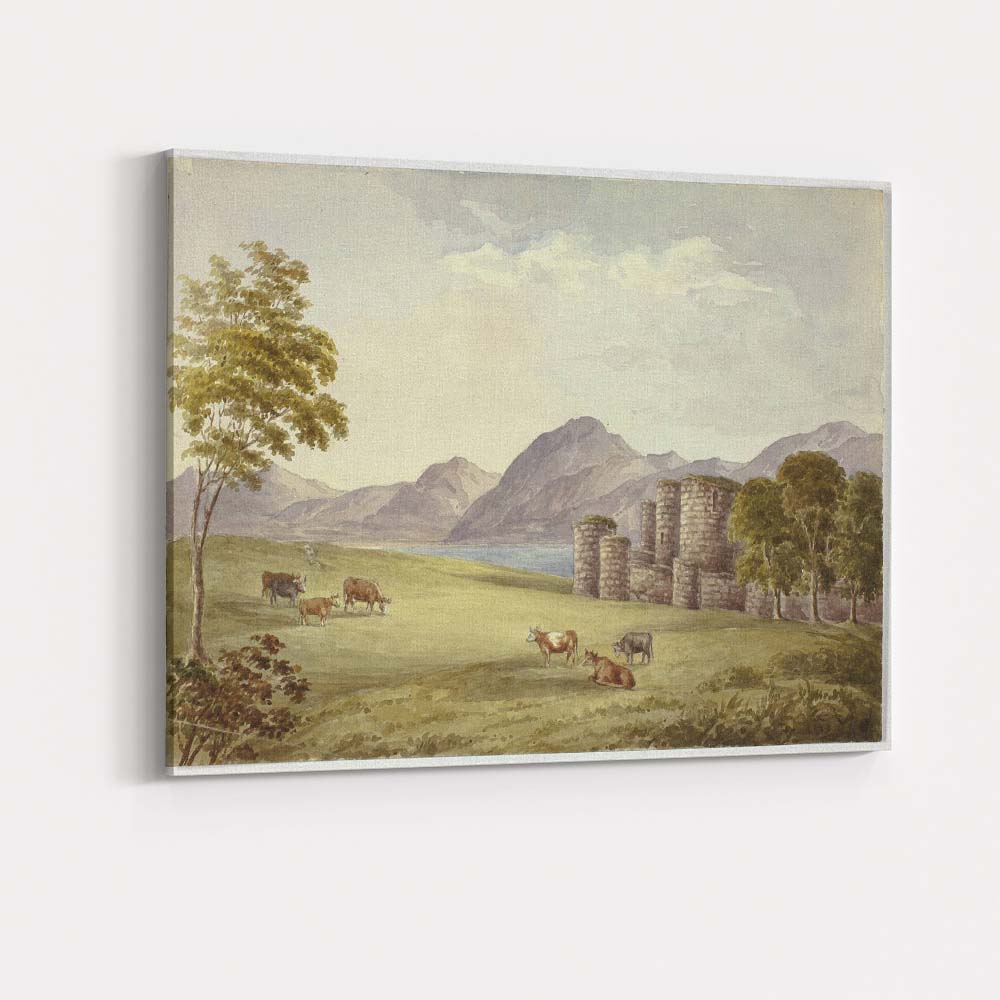 Pastoral Cattle Meadow Mountain Lake Watercolour Landscape Canvas Wall Art Print Decor Picture Ready to Hang