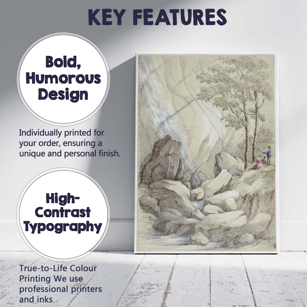 Rocky Waterfall Gorge with Figures Pencil and Watercolour Landscape Canvas Wall Art Print Decor Picture Ready to Hang