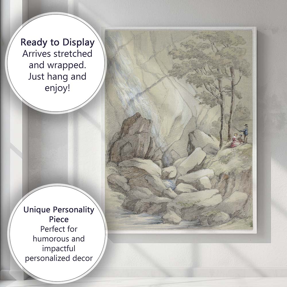 Rocky Waterfall Gorge with Figures Pencil and Watercolour Landscape Canvas Wall Art Print Decor Picture Ready to Hang