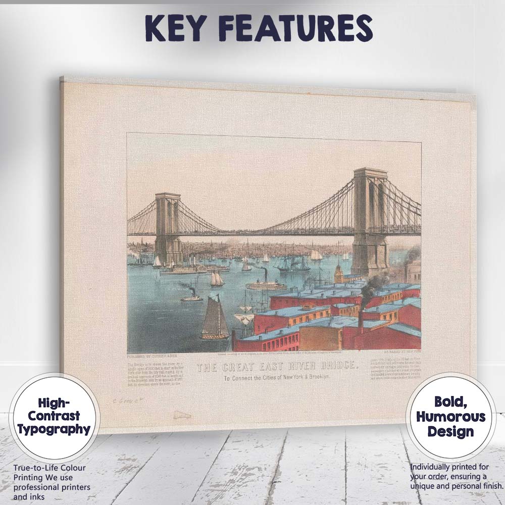 Great East River Bridge New York Brooklyn Historic Architecture Canvas Wall Art Print Decor Picture Ready to Hang