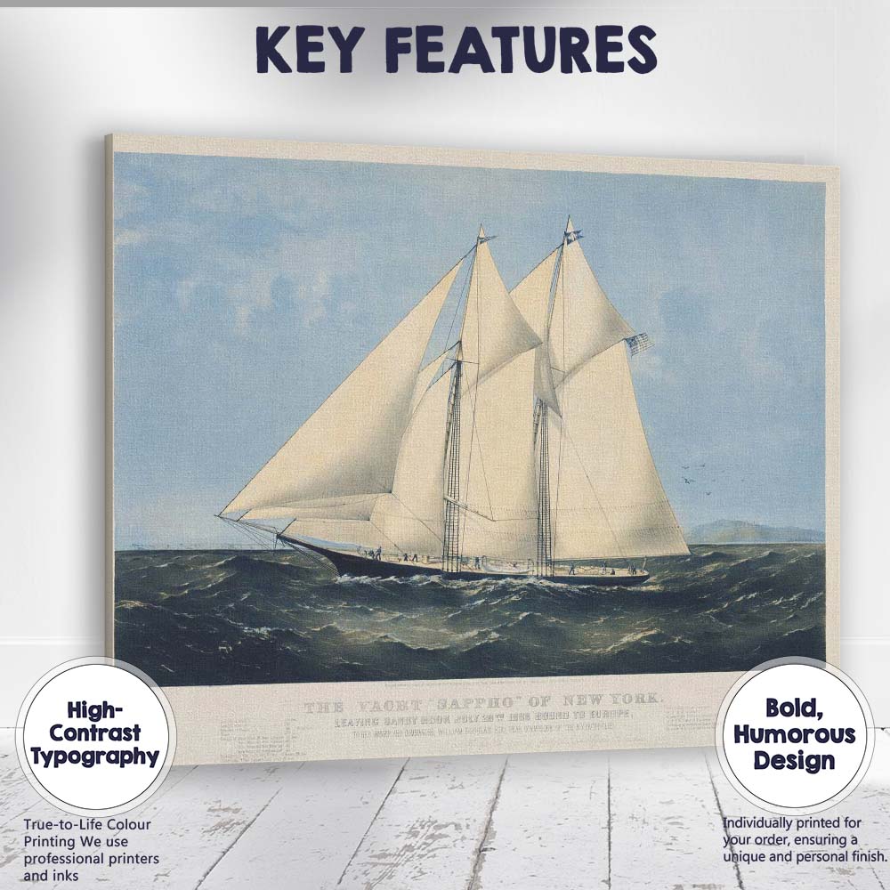 Classic Ocean Racing Yacht Sailing Seascape Maritime Illustration Canvas Wall Art Print Decor Picture Ready to Hang