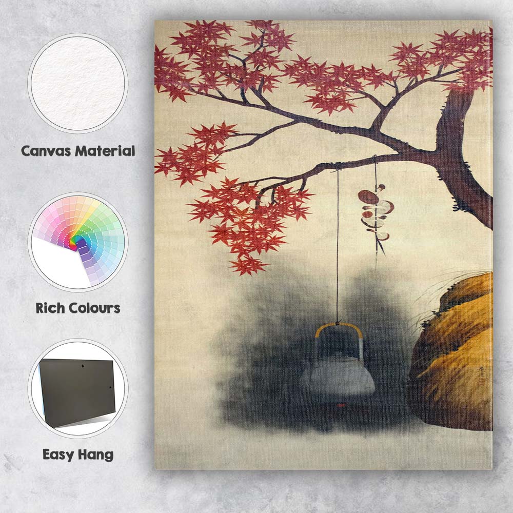 Japanese Autumn Maple Leaves Tea Kettle Oriental Watercolour Canvas Wall Art Print Decor Picture Ready to Hang