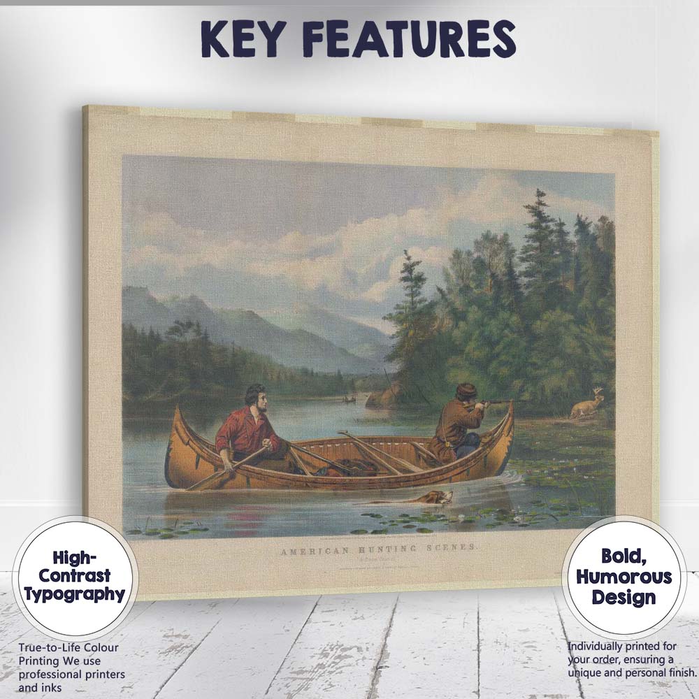 American Hunting Scene Canoe Deer Wilderness Landscape Canvas Wall Art Print Decor Picture Ready to Hang