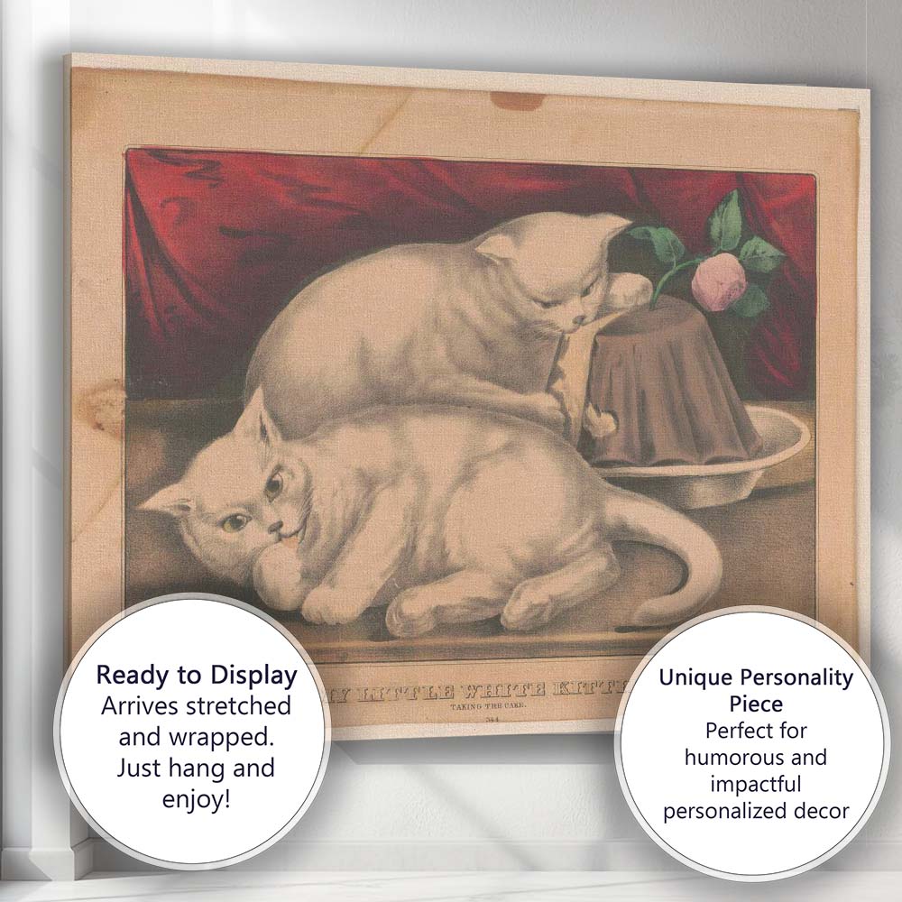 Victorian White Kittens Taking the Cake Cat Illustration Antique Canvas Wall Art Print Decor Picture Ready to Hang