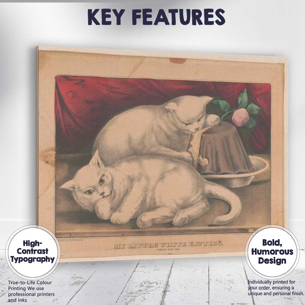 Victorian White Kittens Taking the Cake Cat Illustration Antique Canvas Wall Art Print Decor Picture Ready to Hang
