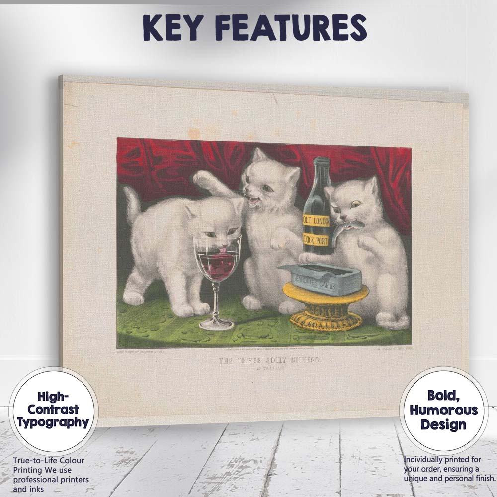 Victorian Three Jolly Kittens Feast Cat Dining Scene Antique Canvas Wall Art Print Decor Picture Ready to Hang