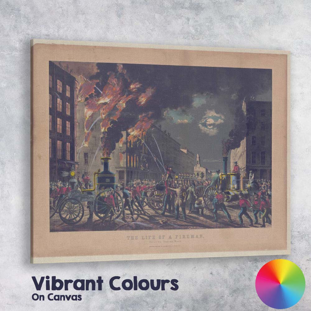 Life Of A Fireman Steam And Muscle Night City Fire Historic Illustration Canvas Wall Art Print Decor Picture Ready to Hang