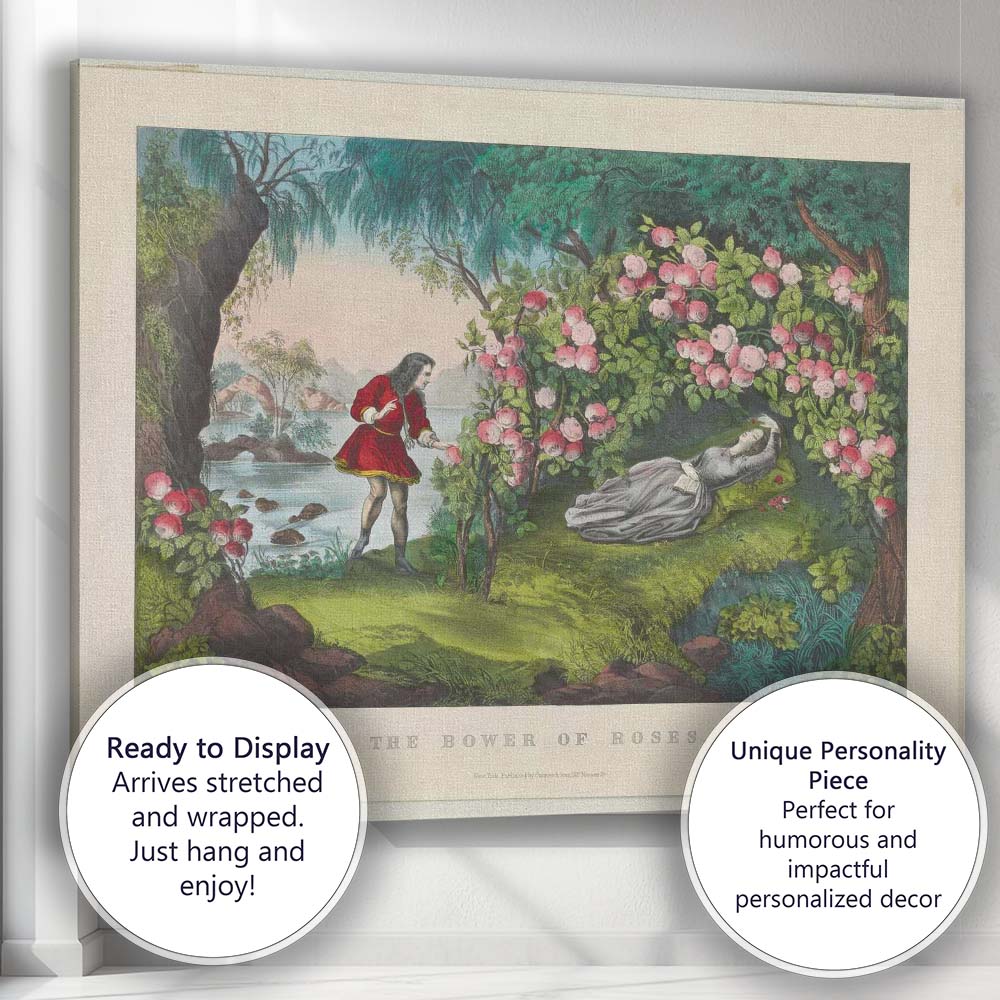 Romantic Victorian Rose Garden Courtship Landscape Illustration Canvas Wall Art Print Decor Picture Ready to Hang